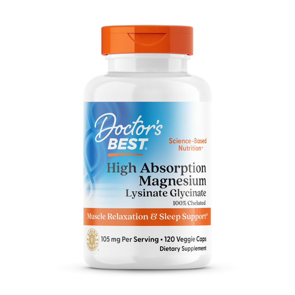 Doctor's Best high absorption magnesium glycinate lysinate bottle for restful sleep support