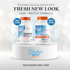 Close-up of Doctor's Best L-Theanine capsules showing 150 mg Suntheanine for relaxed alertness.