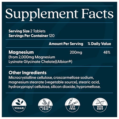 Doctor's Best magnesium glycinate lysinate bottle label shows vegan and non-GMO features for gentle digestion.