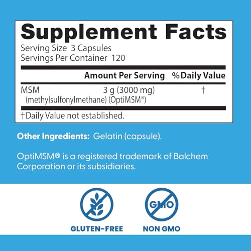 Doctor's Best MSM bottle front label highlights OptiMSM purity.