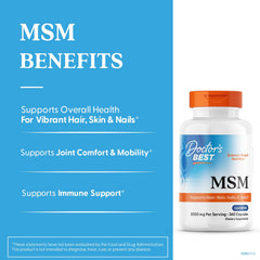 Close-up of Doctor's Best MSM capsules pouring into a hand for easy daily use.