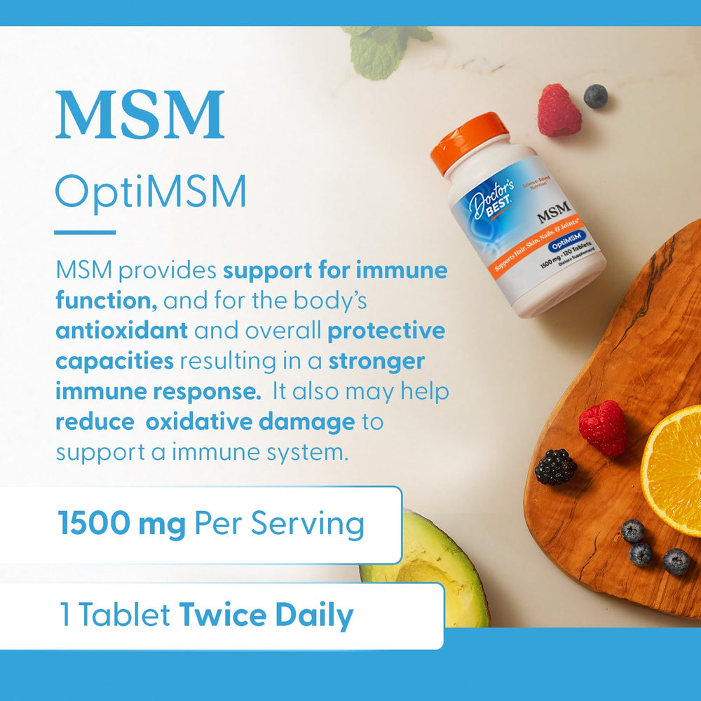 Doctor's Best MSM bottle front packaging with OptiMSM claim