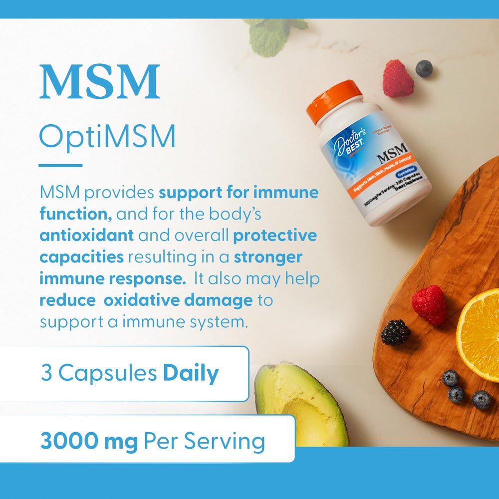 Gluten-free and non-GMO badge on Doctor's Best MSM packaging.