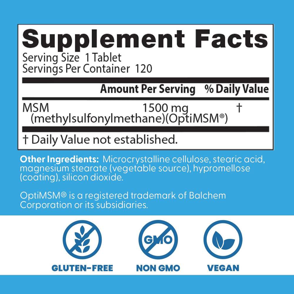 Doctor's Best MSM label highlighting gluten-free and vegan features