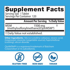 Doctor's Best MSM label highlighting gluten-free and vegan features