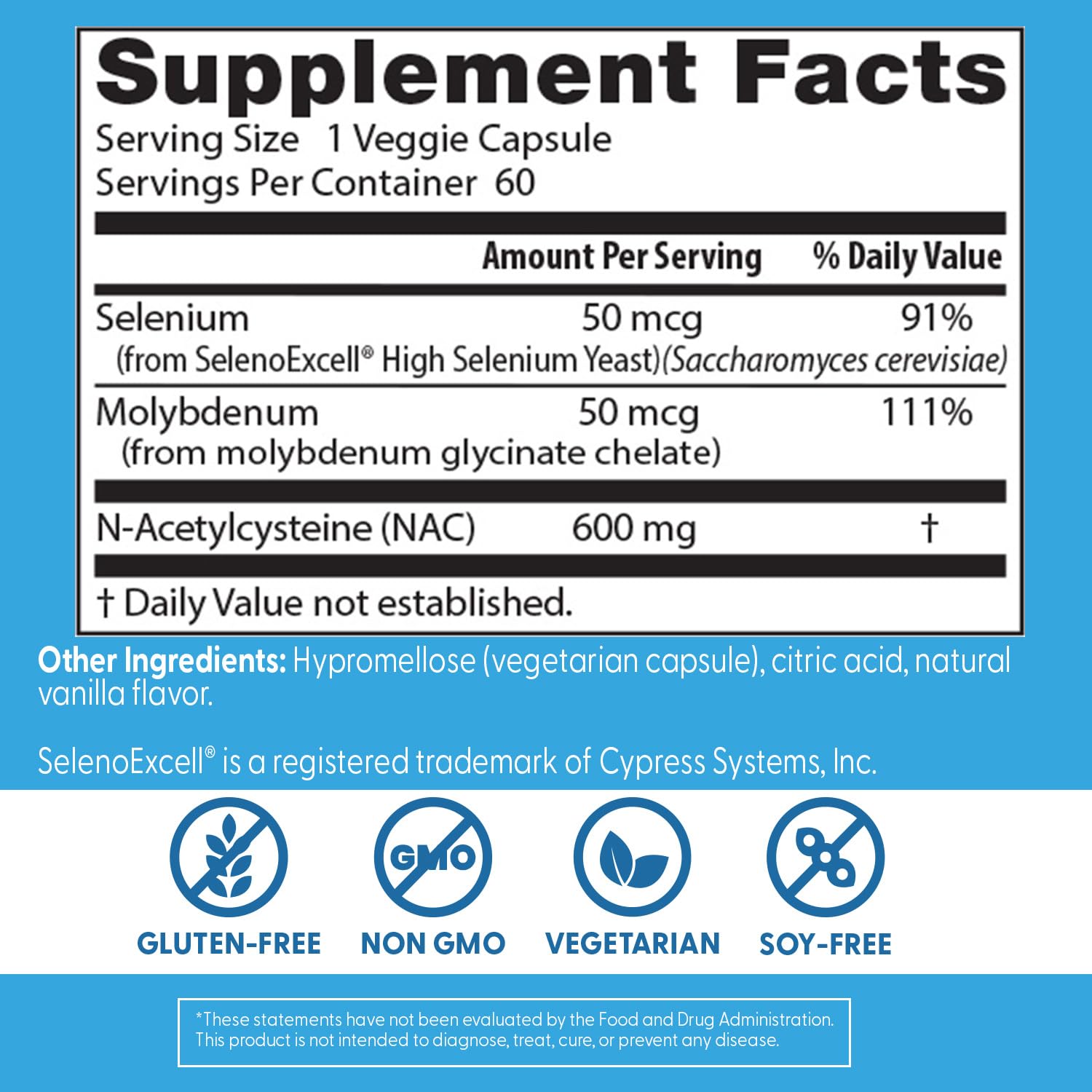 Doctor's Best NAC Detox Regulators ingredient blend showing selenium and molybdenum