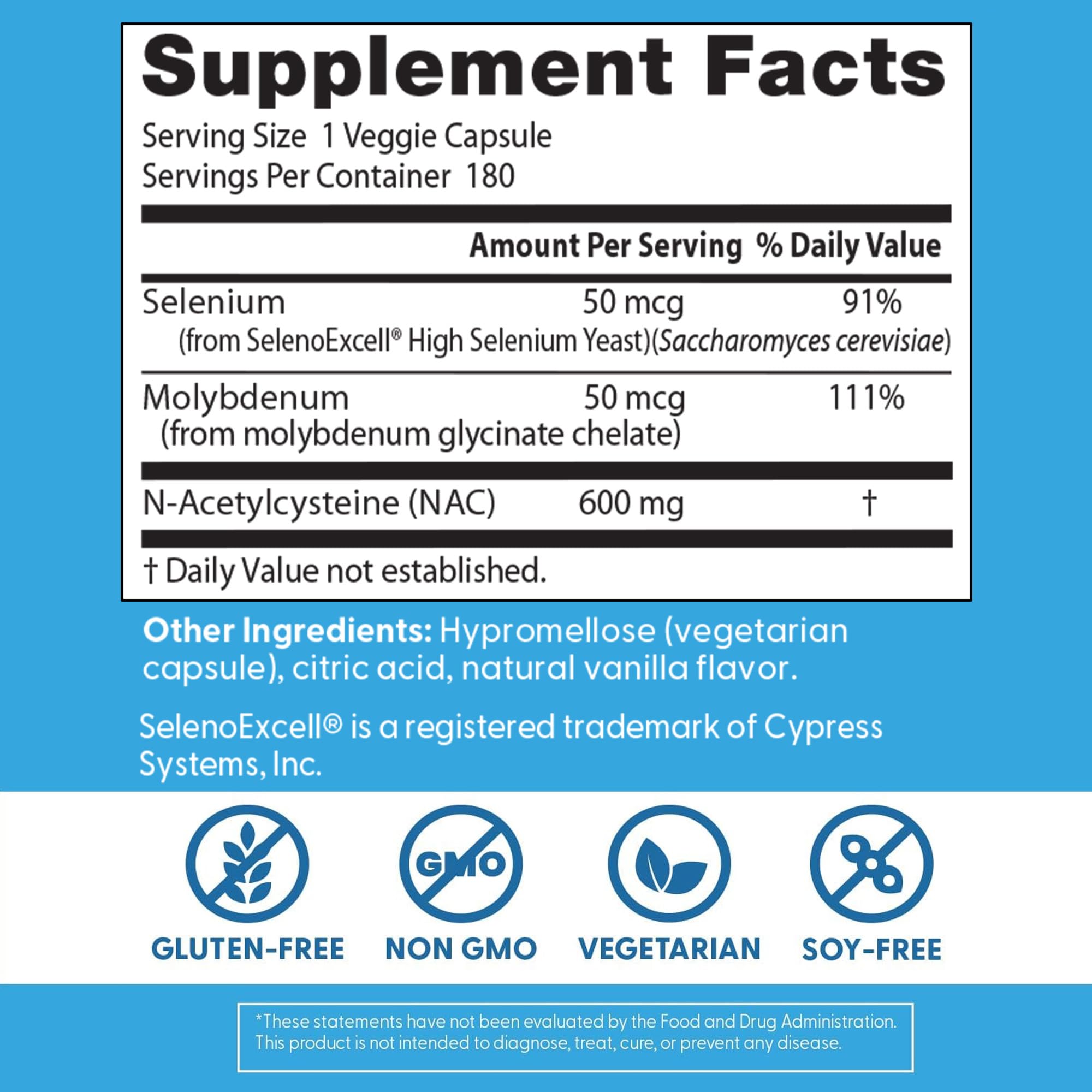 Doctor's Best NAC Detox Regulators label close-up with selenium and molybdenum ingredients