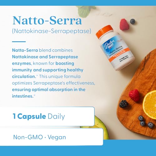 Doctor's Best Natto Serra bottle and pills on a clean surface indicating daily use.