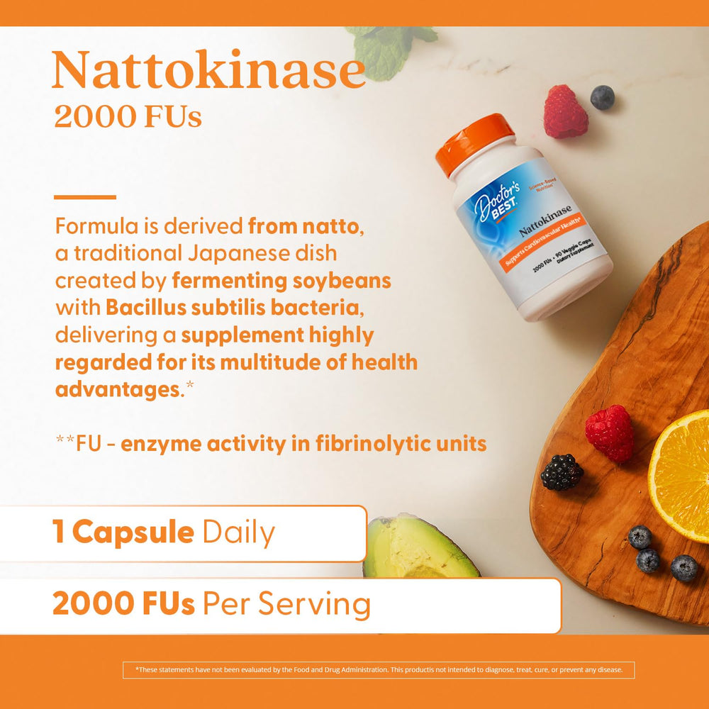 Doctor's Best nattokinase bottle beside a glass illustrating easy daily supplementation ritual.