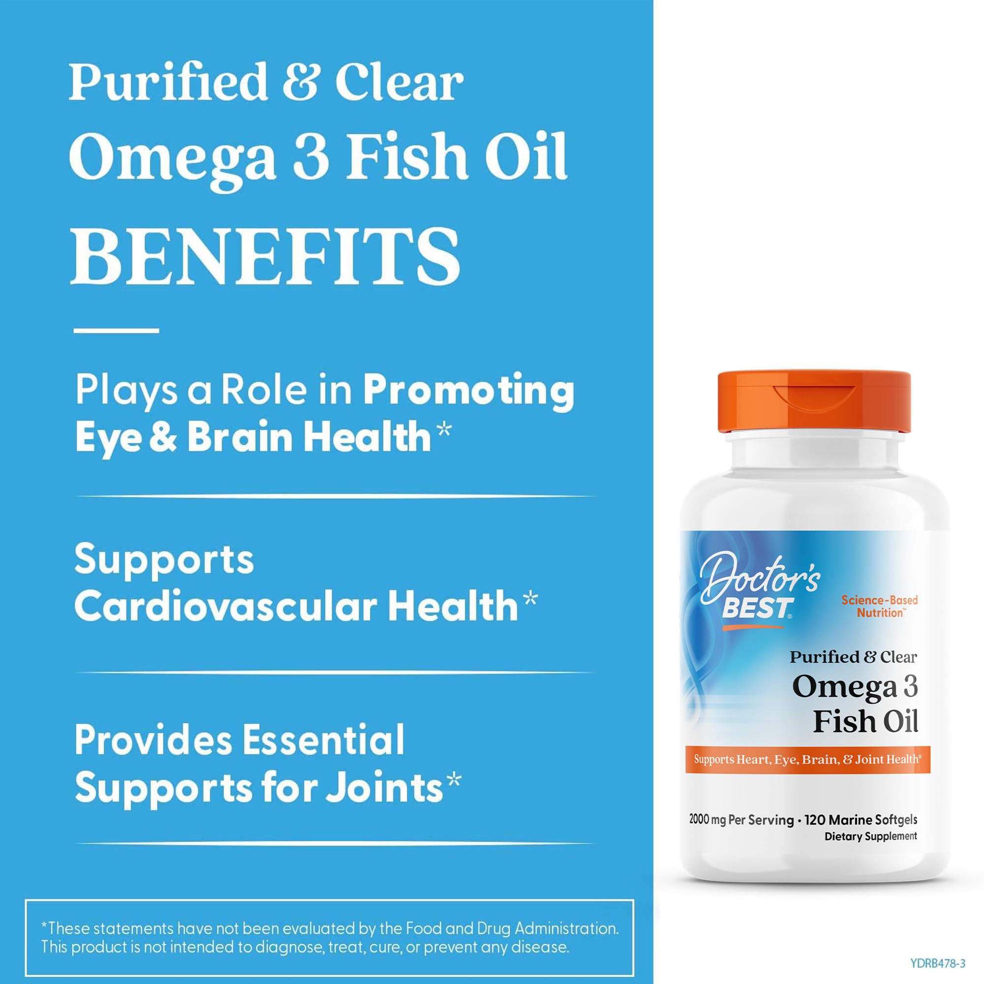 Doctor's Best Omega-3 label and packaging highlighting clean, pure oil.