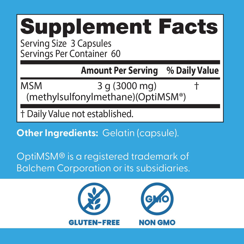 Doctor's Best OptiMSM capsules detail emphasizing gluten-free and non-GMO features