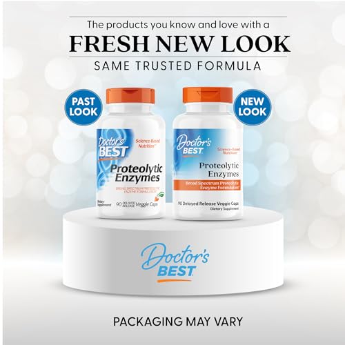 Close-up of Doctor's Best proteolytic enzymes capsules highlighting delayed-release design.