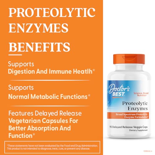 Front label of Doctor's Best proteolytic enzymes emphasizes protein digestion support.