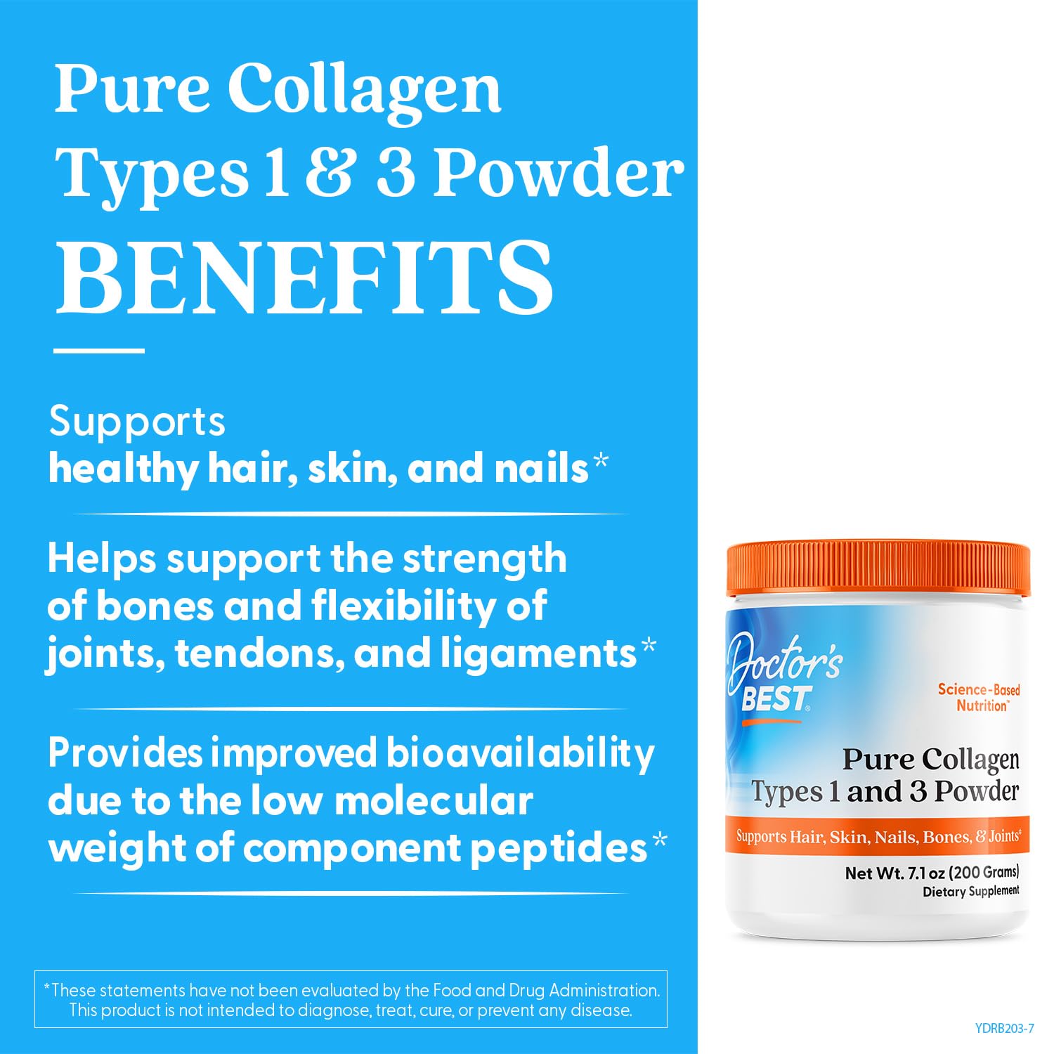 Doctor's Best Pure Collagen Types 1 & 3 label close-up highlighting hydrolyzed peptides.