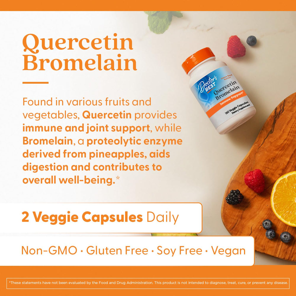 Doctor's Best Quercetin Bromelain packaging box emphasizing vegan and non-GMO
