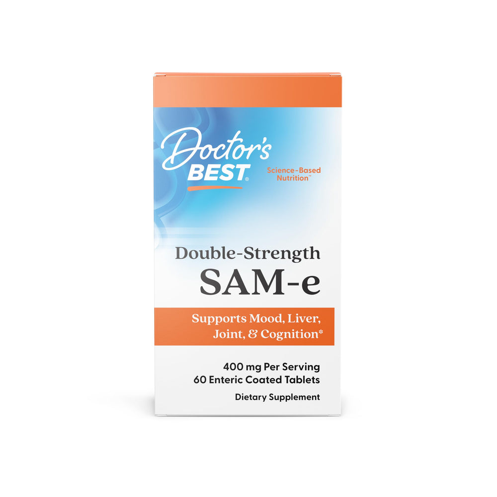 Doctor's Best SAM-e 400 mg tablets in bottle for mood and joint support.