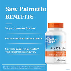 Close-up of Doctor's Best Saw Palmetto capsules emphasizing standardized fatty acids for urinary health