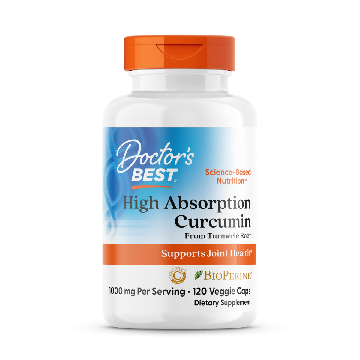 Doctor's Best turmeric curcumin bottle front highlighting high absorption formula for joints.