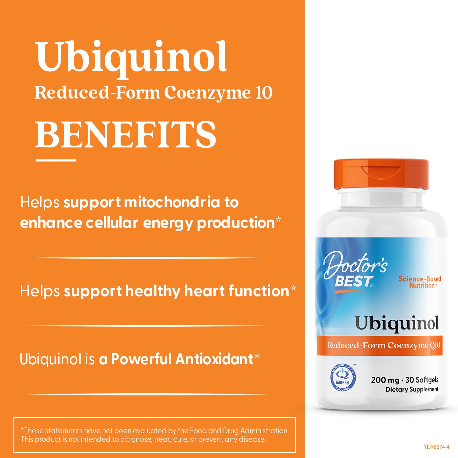 Doctor's Best Ubiquinol label panel with non-GMO and allergen-free claims