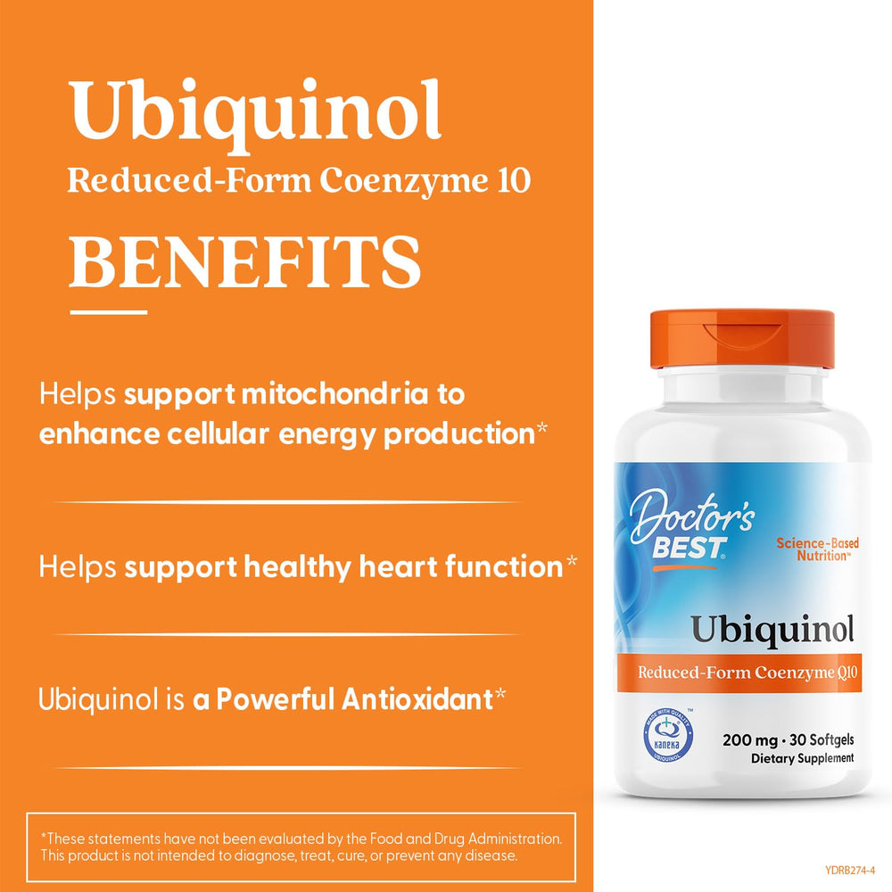 Doctor's Best Ubiquinol label panel with non-GMO and allergen-free claims