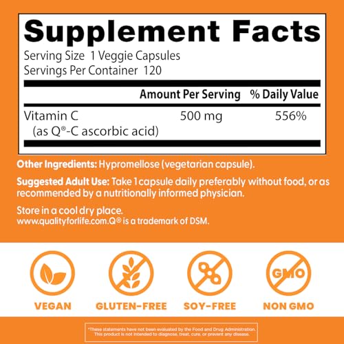 Doctor's BEST Vitamin C bottle label showing 500 mg per serving.