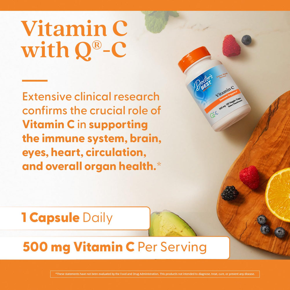 Doctor's BEST Vitamin C beside citrus fruits emphasizes immune health support.