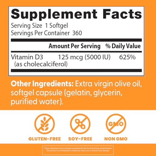 Label detail on Doctor's Best Vitamin D3 5000 IU bottle highlighting non-GMO and gluten-free.