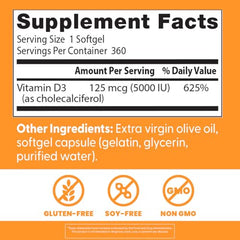 Label detail on Doctor's Best Vitamin D3 5000 IU bottle highlighting non-GMO and gluten-free.