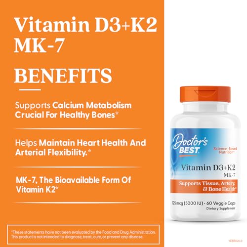 Doctor's Best Vitamin D3 + K2 capsule close-up showing the D3 + K2 blend for bone support.