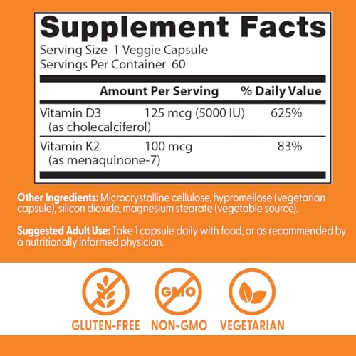 Doctor's Best Vitamin D3 + K2 label close-up highlighting gluten-free and non-GMO claims.