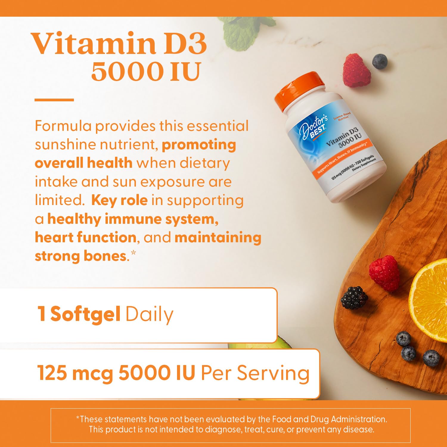 Doctor's Best Vitamin D3 packaging communicates non-GMO, gluten-free, soy-free status.