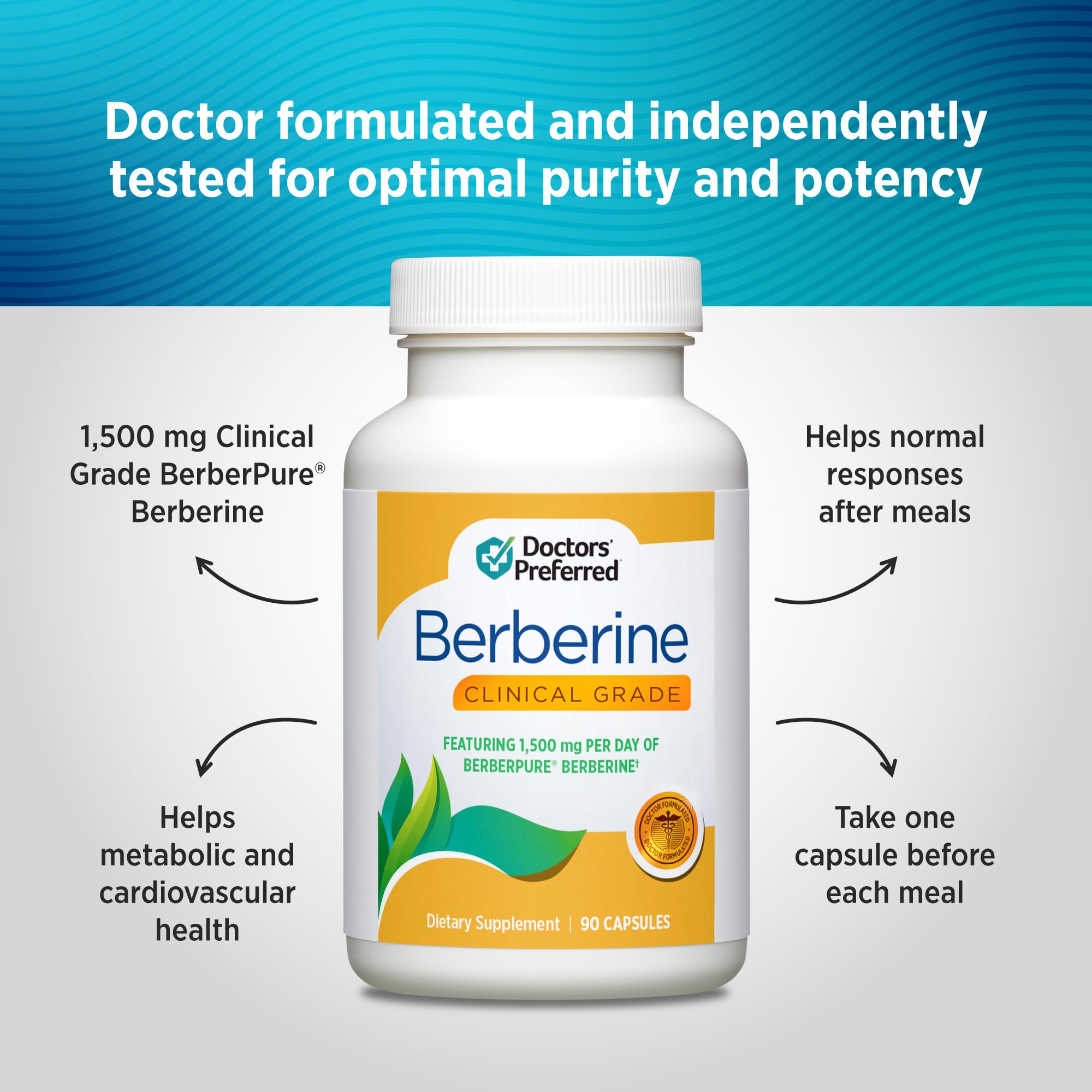 DOCTORS' PREFERRED Berberine Clinical Grade capsules closeup shows uniform dosing capsules.