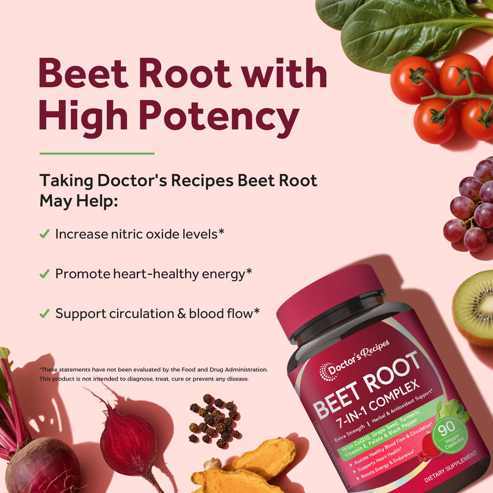  Doctor's Recipes Beet Root Capsules ingredients close-up with beet root and grape seed blend