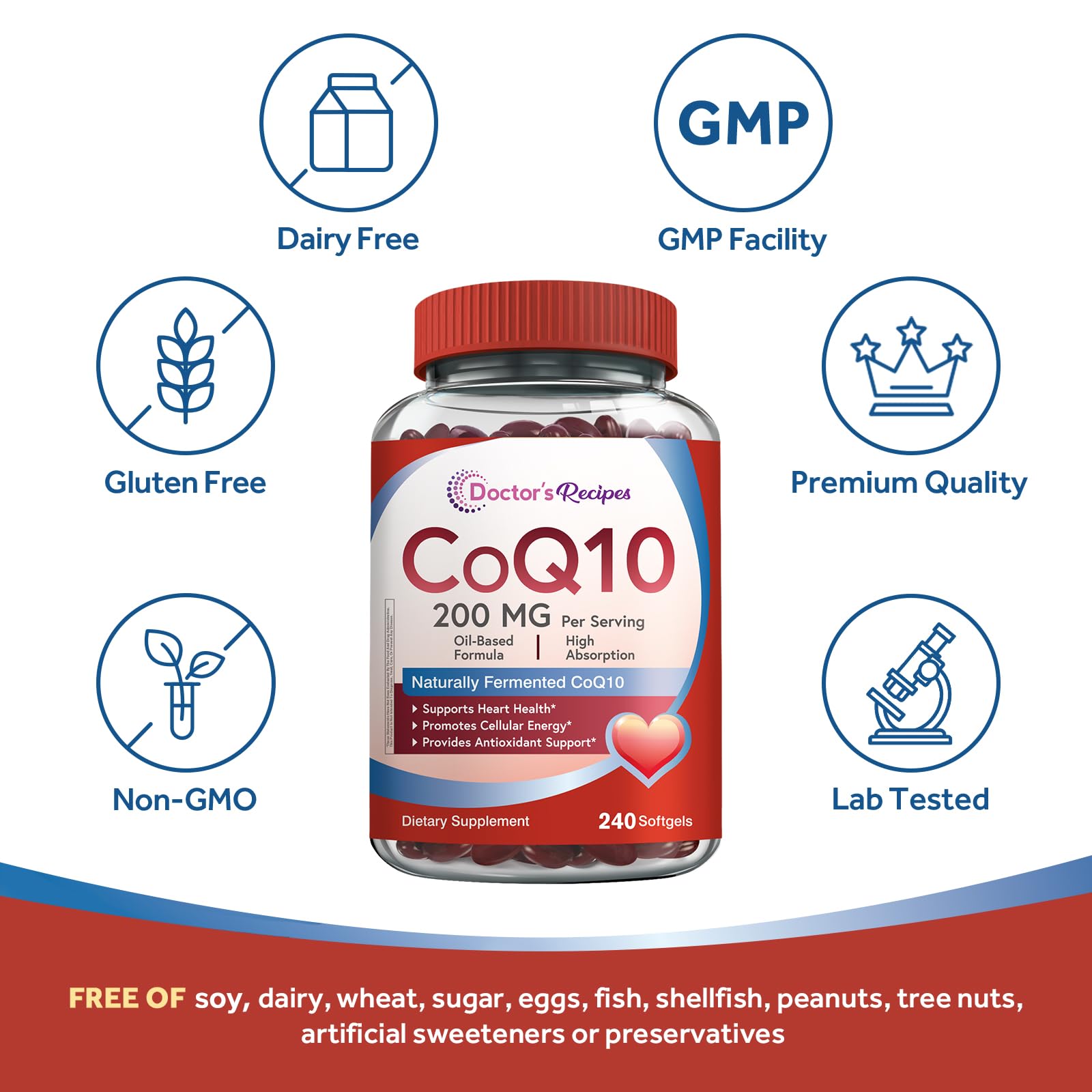 Doctor's Recipes CoQ10 non-GMO gluten- and dairy-free softgels packaging
