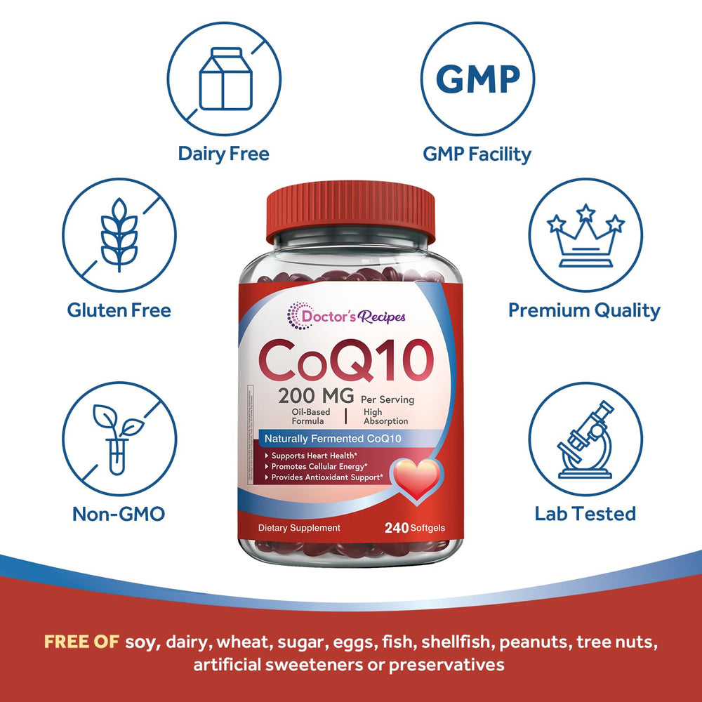 Doctor's Recipes CoQ10 non-GMO gluten- and dairy-free softgels packaging