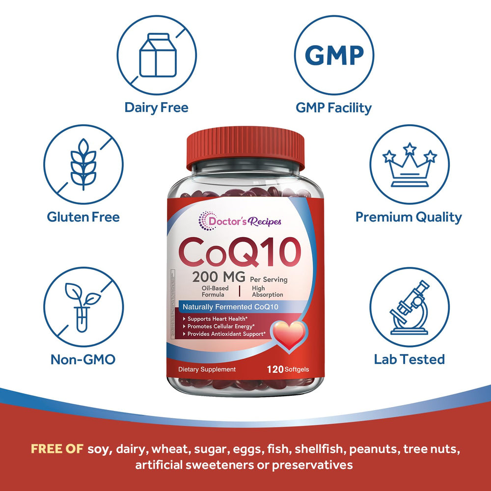 Doctor's Recipes CoQ10 non-GMO and gluten-free on packaging.