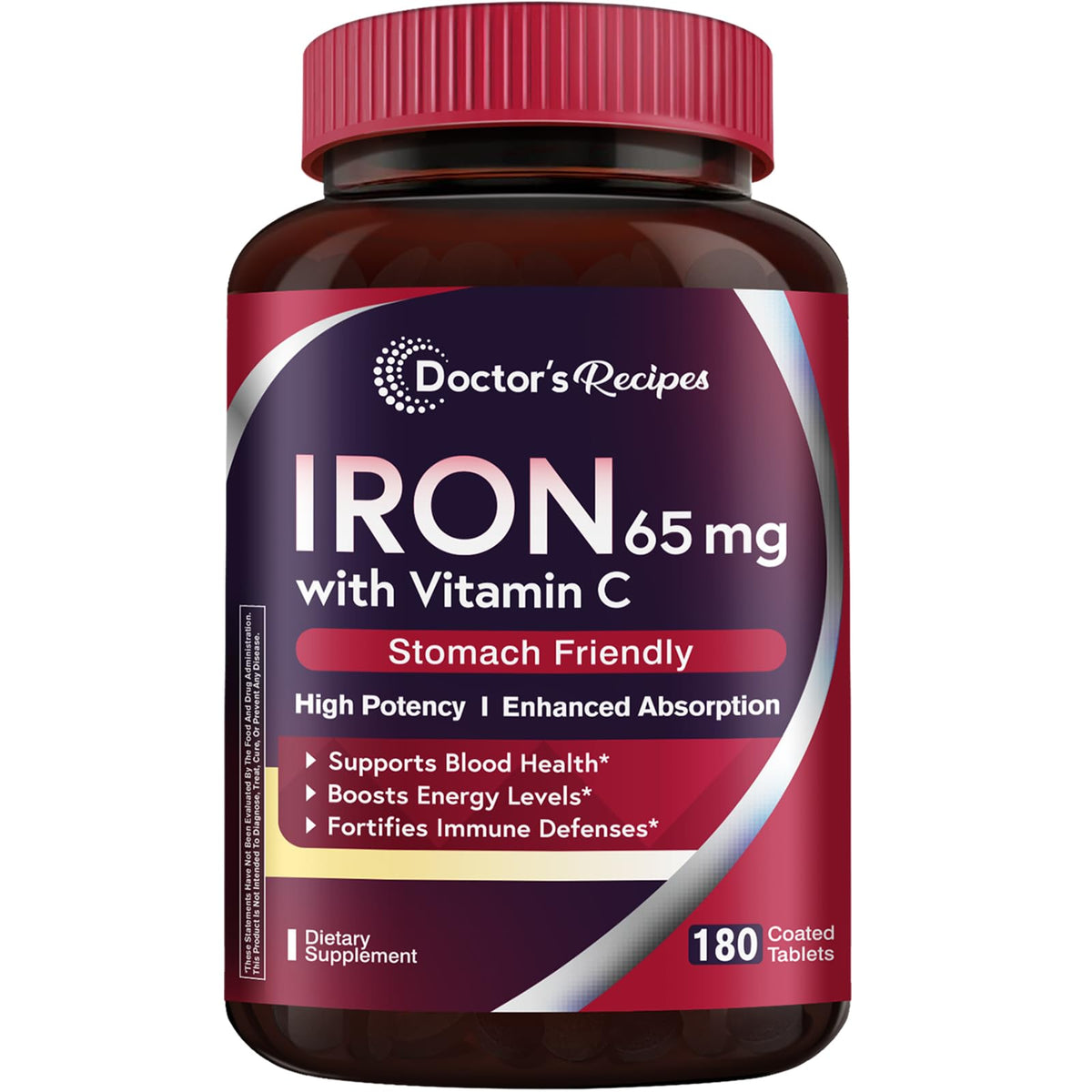 Doctor's Recipes Iron 65mg bottle shown for daily energy support