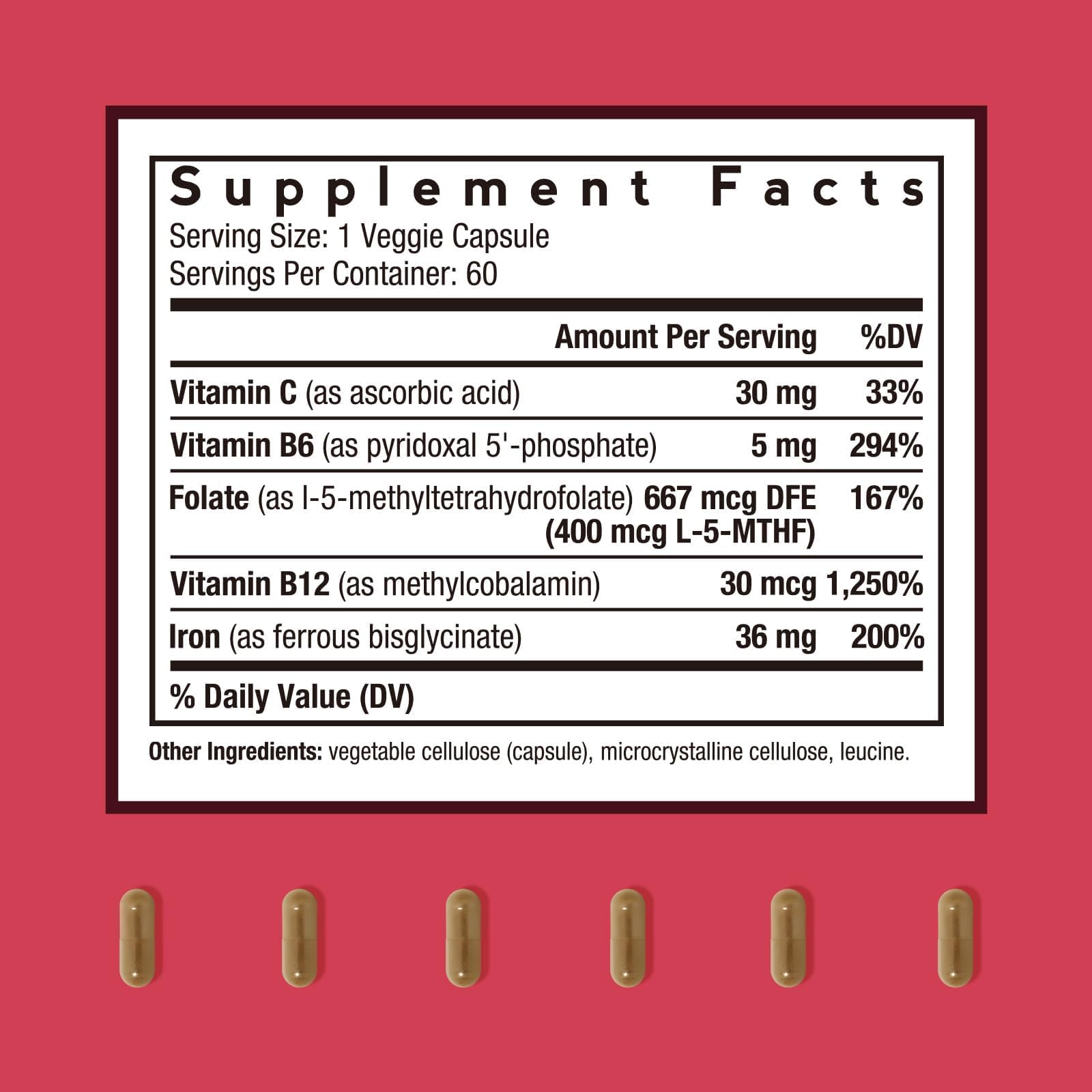 Doctor's Recipes iron bisglycinate capsule closeup showing non-constipating form.