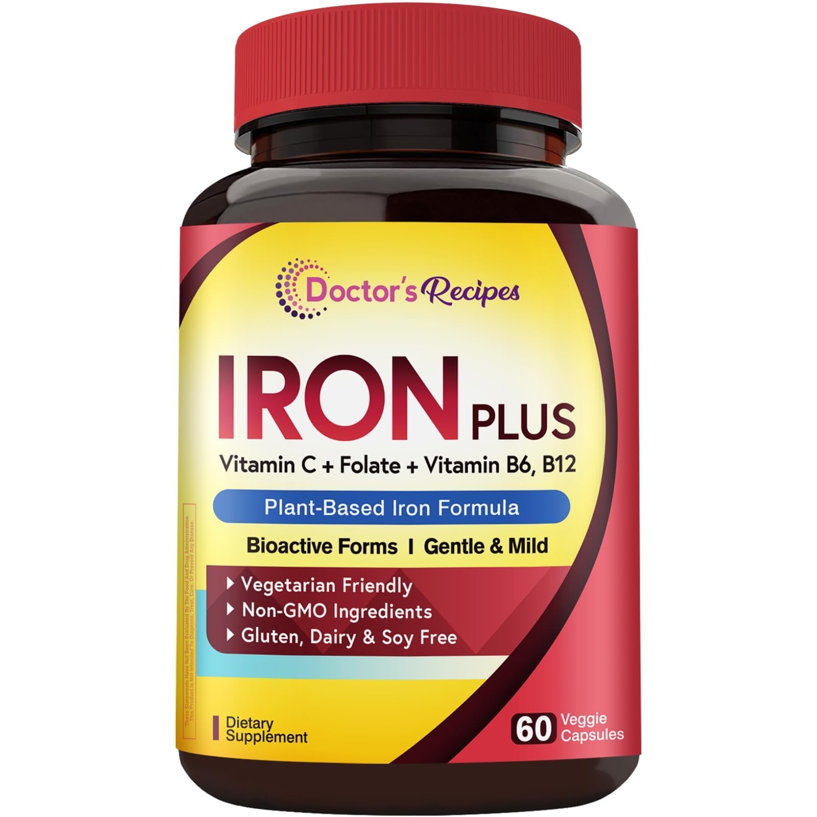 Doctor's Recipes Iron Bisglycinate packaging front for gentle iron support.