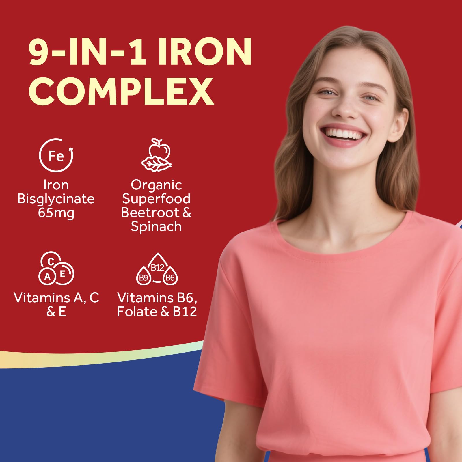Beet root and spinach imagery beside the Iron Complex formula