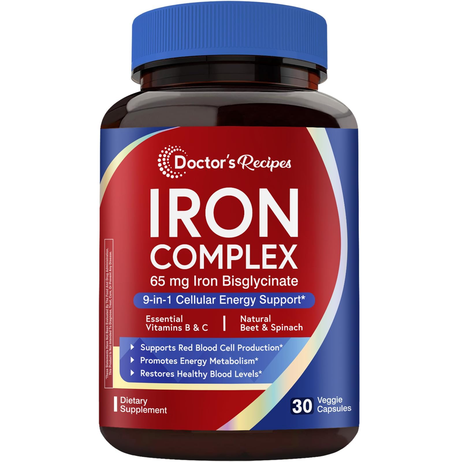 Doctor's Recipes Iron Complex bottle front, highlighting 65 mg iron and vegan vitamins