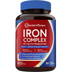 Doctor's Recipes Iron Complex bottle front, highlighting 65 mg iron and vegan vitamins