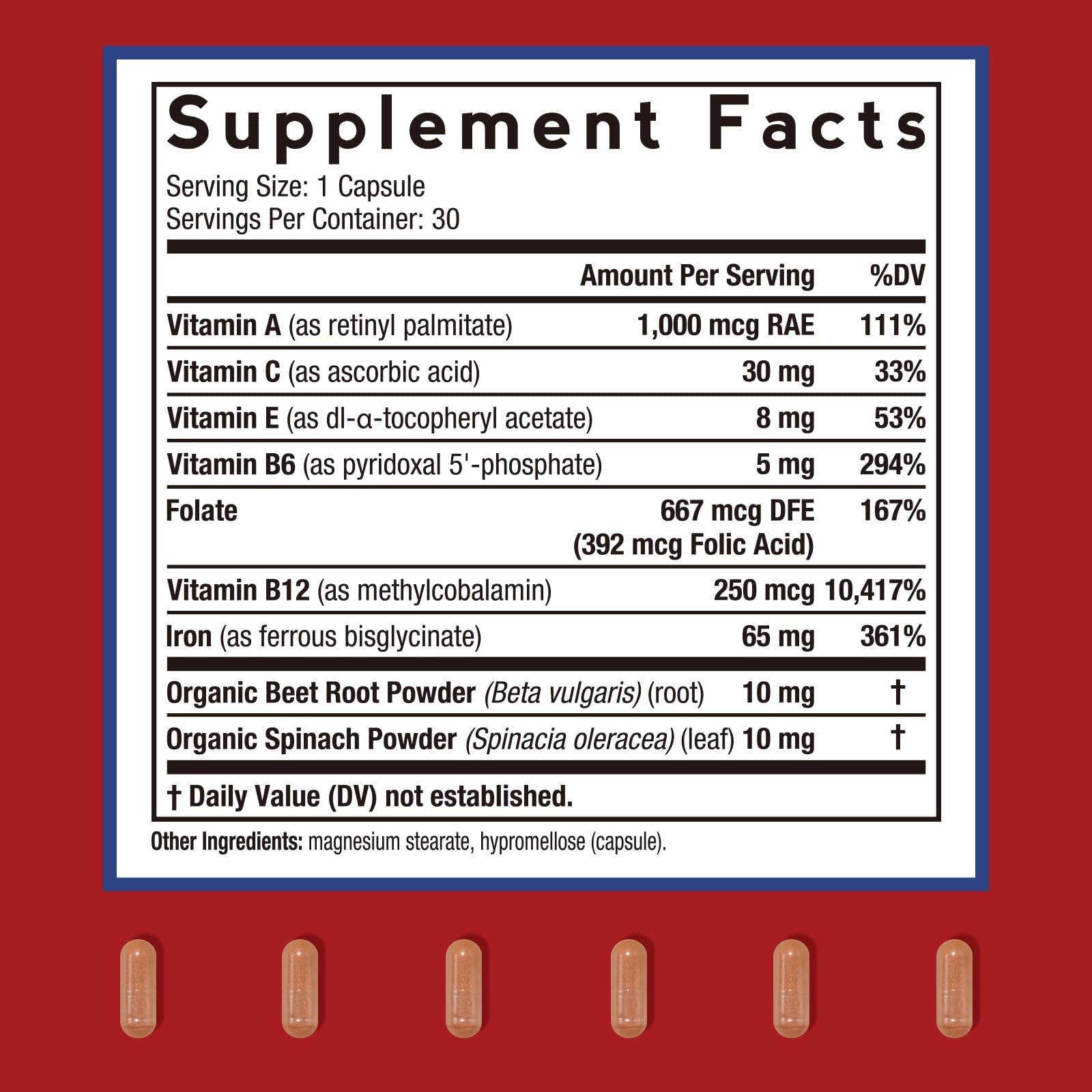 Close-up of bottle label showing ferrous bisglycinate and vitamin symbols