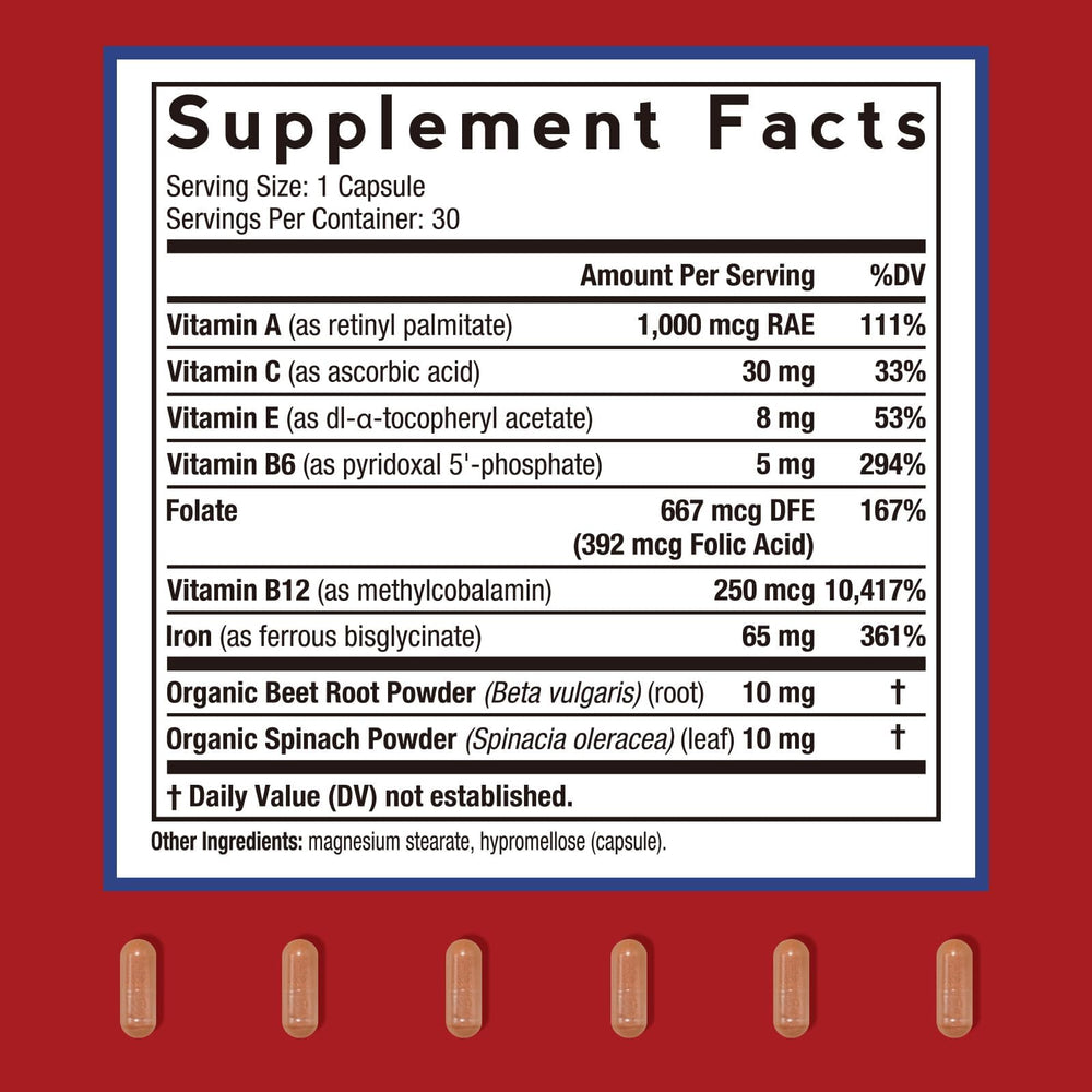 Close-up of bottle label showing ferrous bisglycinate and vitamin symbols