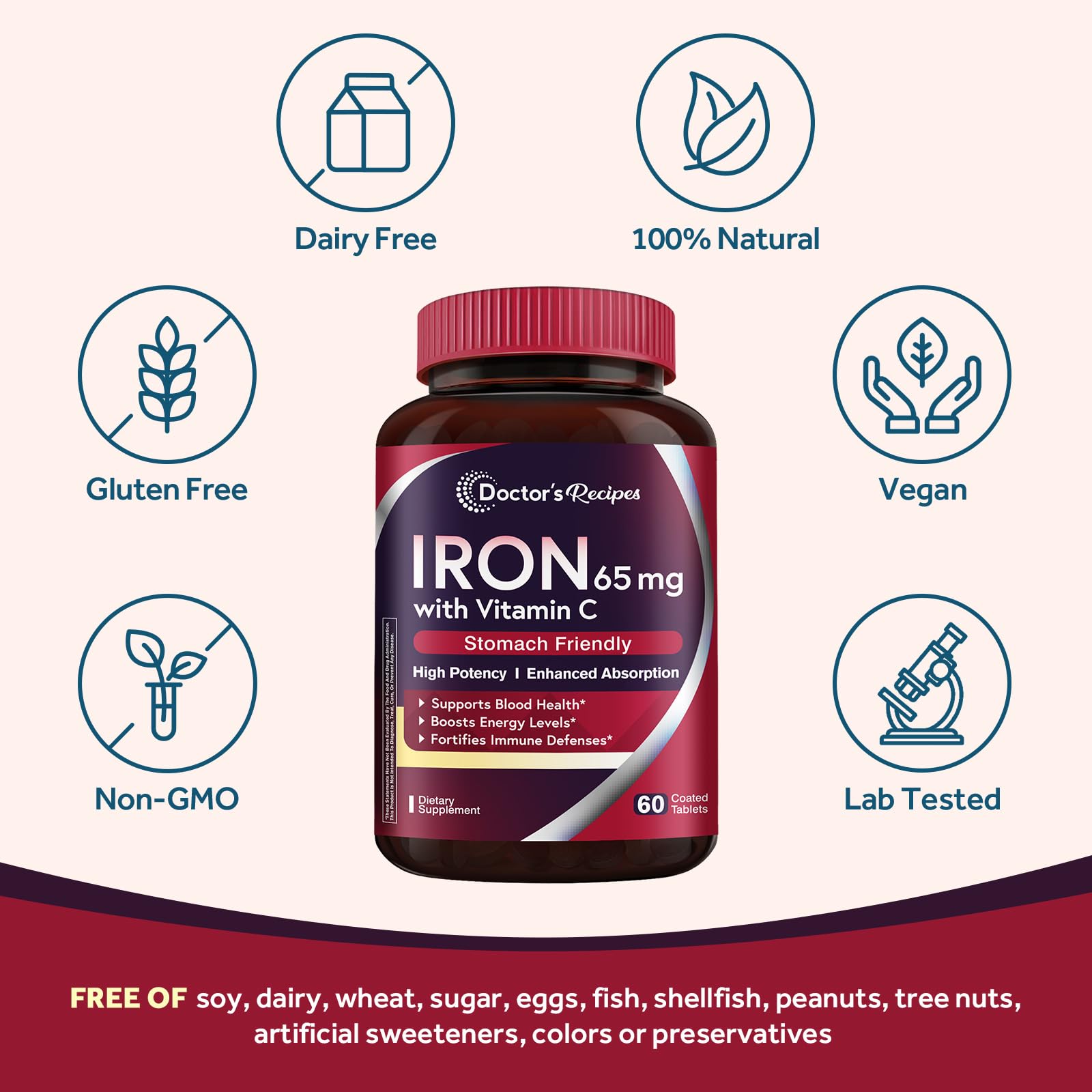 Packaging of Doctor's Recipes iron tablet showing vegan and non-GMO features