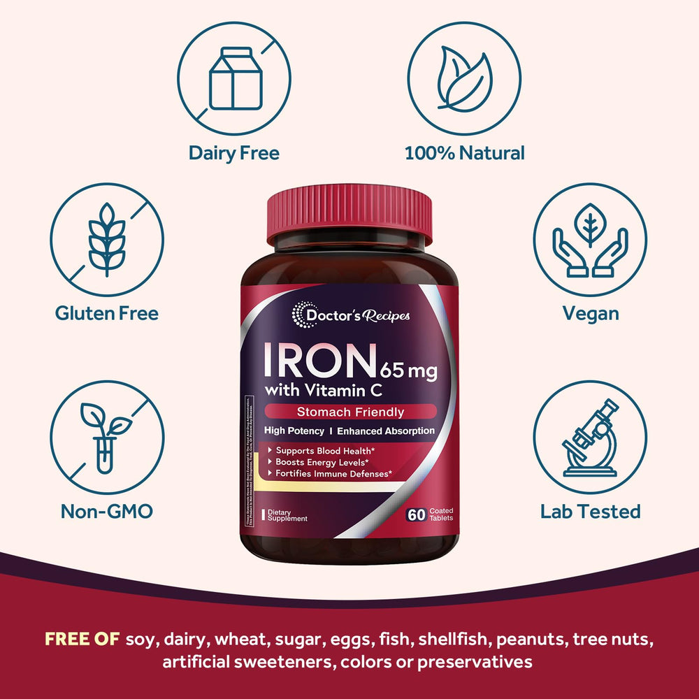 Packaging of Doctor's Recipes iron tablet showing vegan and non-GMO features