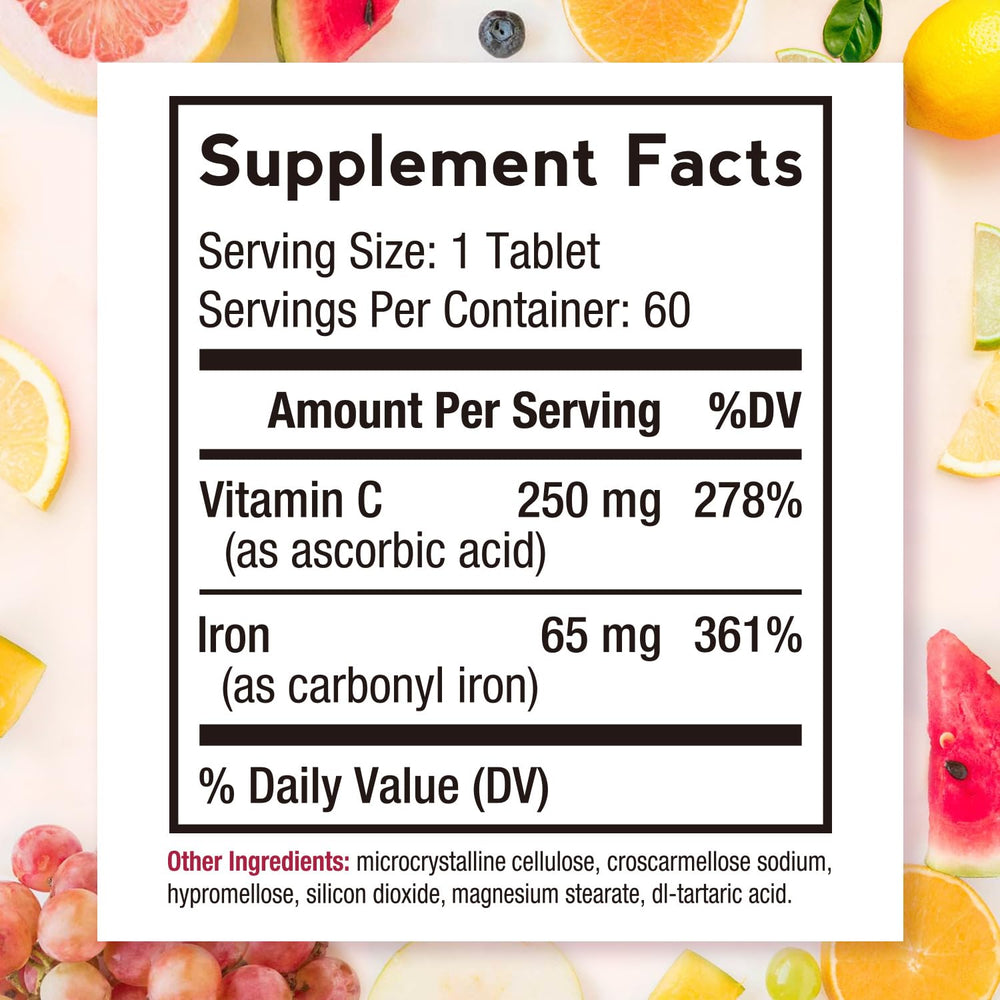 Doctor's Recipes iron-tablet-vitamin-c-ingredient highlights optimized iron uptake.