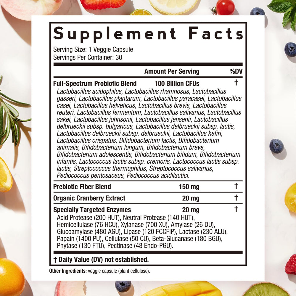 Doctor's Recipes Probiotics capsules close-up showing 100B CFU and 32 strains.