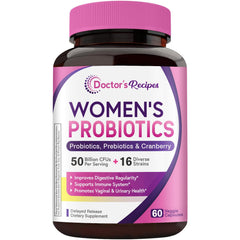 Doctor's Recipes Women's Probiotic bottle front shows 50B CFU and 16 strains for digestive support
