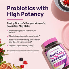 Doctor's Recipes Women's Probiotic capsules closeup highlights delayed-release design